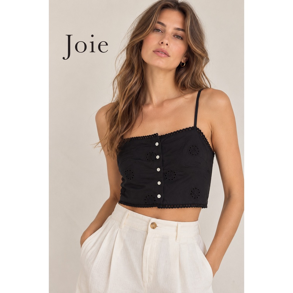 Joie Black Eyelet Embroidered Button Front Crop Camisole Linen Blend Top Size M